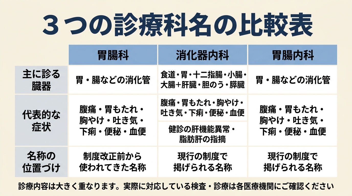 胃腸科・消化器内科・胃腸内科の違いを一目で比較